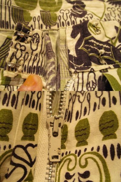 画像1: 50〜60年代ホワイト×ライトグリーン×ブラックインデアン&壺柄フレアスカート