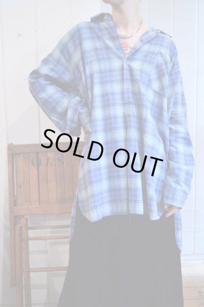 画像1: ブルー×イエローチェック胸ポケット付きハーフボタン長袖プルオーバーグランパシャツ (1)