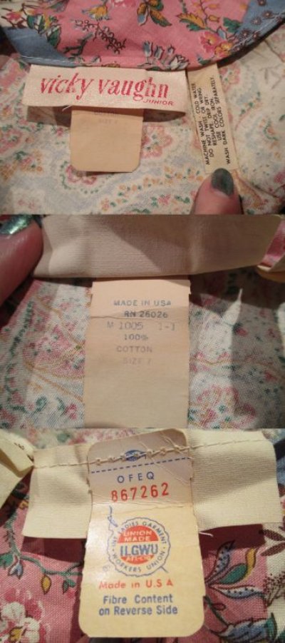 画像1: 70年代サックス×ピンク×ベージュ花＆ペイズリーパッチワーク柄フレアスリーブ七分袖ロングドレス