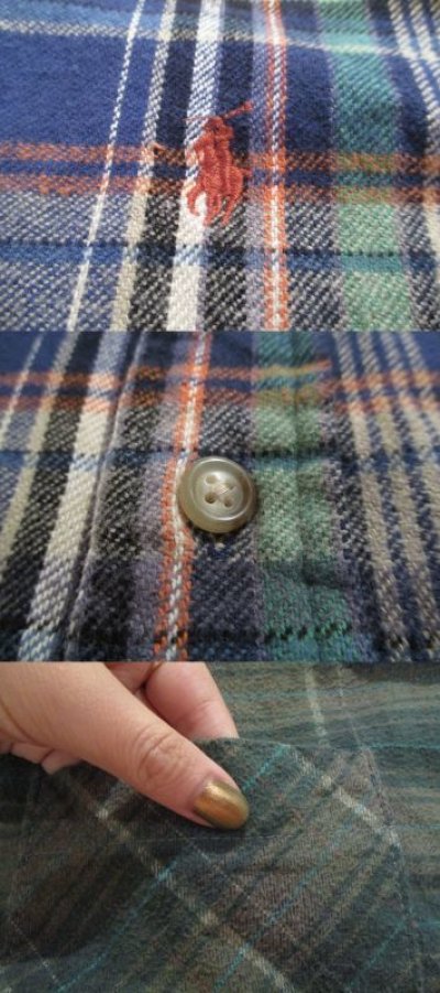 画像1: ”Ralph Lauren”ブルー×グリーン×ホワイトチェックワンポイント刺繍ボタンダウン長袖シャツ