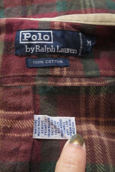 画像1: ”Ralph Lauren”レッド×グリーン×ベージュチェック胸ポケット付きボタンダウン長袖シャツ