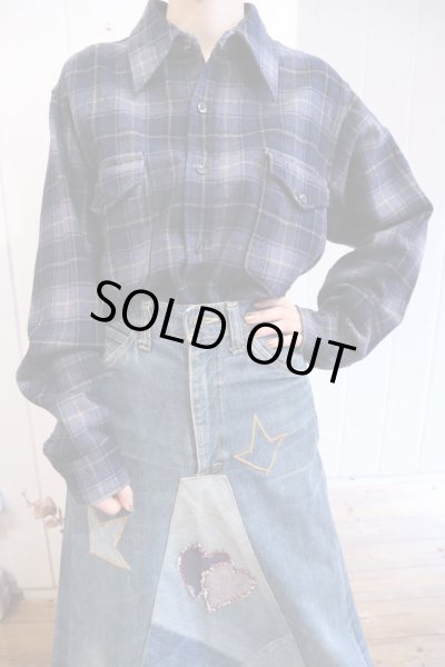 画像1: ”PENDLETON”ブルー×クリームチェック胸ポケット付き長袖ウールシャツ (1)