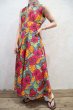 画像3: ピンク×オレンジ×ライムグリーン花柄ハイネック長袖アフリカンバティックドレス (3)