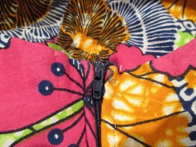 画像1: ピンク×オレンジ×ライムグリーン花柄ハイネック長袖アフリカンバティックドレス