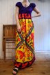 画像1: 70年代パープル×カラフルチューリップ＆バタフライ柄ラウンドネックフレンチスリーブ半袖ドレス (1)