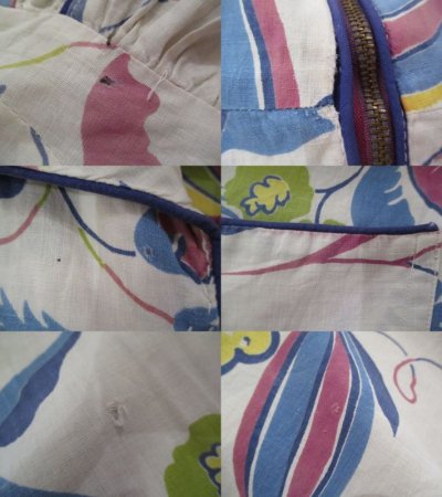 画像2: 40〜50年代ホワイト×サックスブルー×ピンクボタニカル柄ハーフジップ襟＆ポケット付き半袖ロングフレアドレス