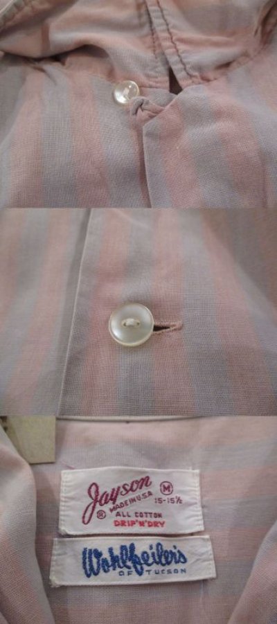 画像1: 60年代ベイビーピンク×ライトグレーストライプ胸ポケット付き開襟半袖シャツ