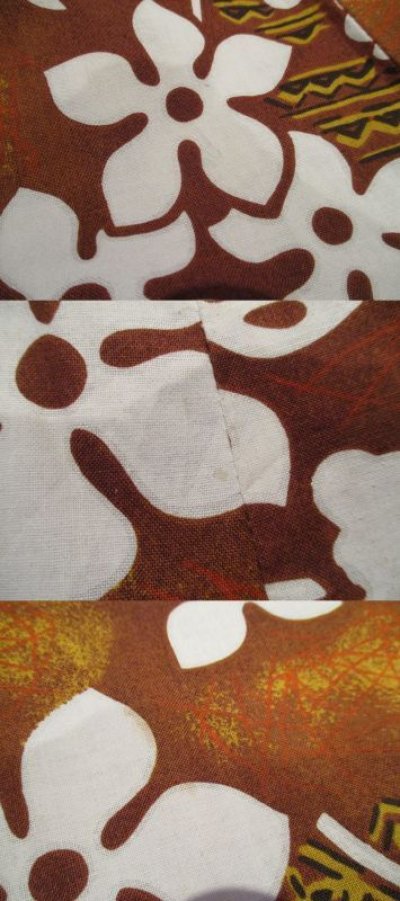 画像2: 70年代ブラウン×ホワイトリーフ＆花柄フレアスリーブカシュクール半袖ハワイアンロングドレス