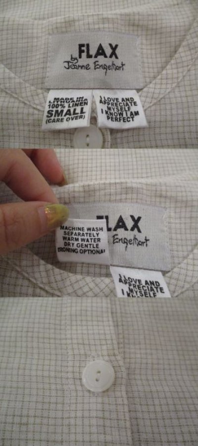 画像1: "FLAX"ホワイト×オリーブチェック柄前開きボタンクルーネック半袖リネンシャツ