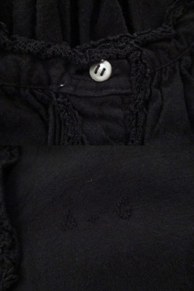 画像1: ”antique”ブラックA.G刺繍アイレットレースヘンリーネック後染め半袖ナイティドレス