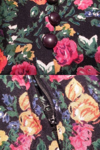 画像2: ブラック×カラフル花柄ラウンドネック飾りボタン付き長袖レーヨンオールインワン