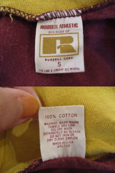 画像1: 70年代”Russell Athletic”金タグ前期ボルドー×マスタードオレンジ英字プリントWフェイスクルーネック半袖Tシャツ