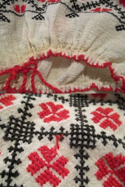 画像2: vintageホワイト×レッド×ブラック幾何学模様リボン付きスリットネック半袖ルーマニア刺繍チュニック