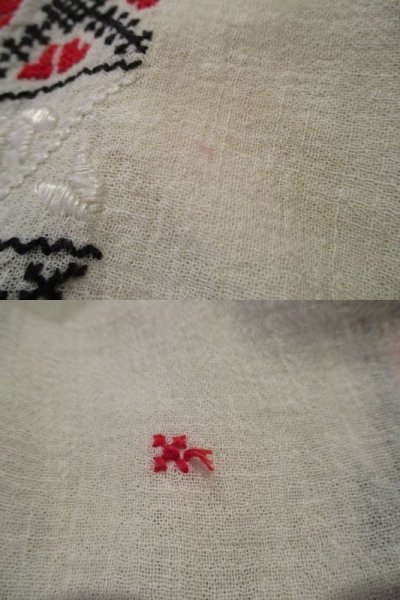 画像3: vintageホワイト×レッド×ブラック幾何学模様リボン付きスリットネック半袖ルーマニア刺繍チュニック