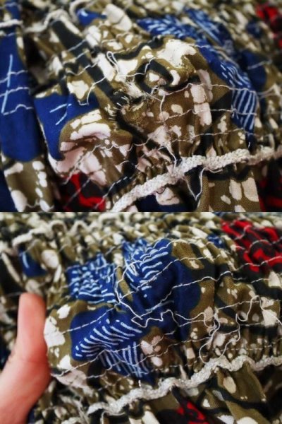 画像3: グレー×レッド×ブルーボタニカル柄シャーリング切替ラウンドネック半袖アフリカンバティックドレス
