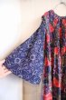画像10: 70年代ネイビー×パープル×レッド花柄シャーリングフレアスリーブ長袖パッチワークプリントドレス (10)