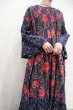 画像7: 70年代ネイビー×パープル×レッド花柄シャーリングフレアスリーブ長袖パッチワークプリントドレス (7)