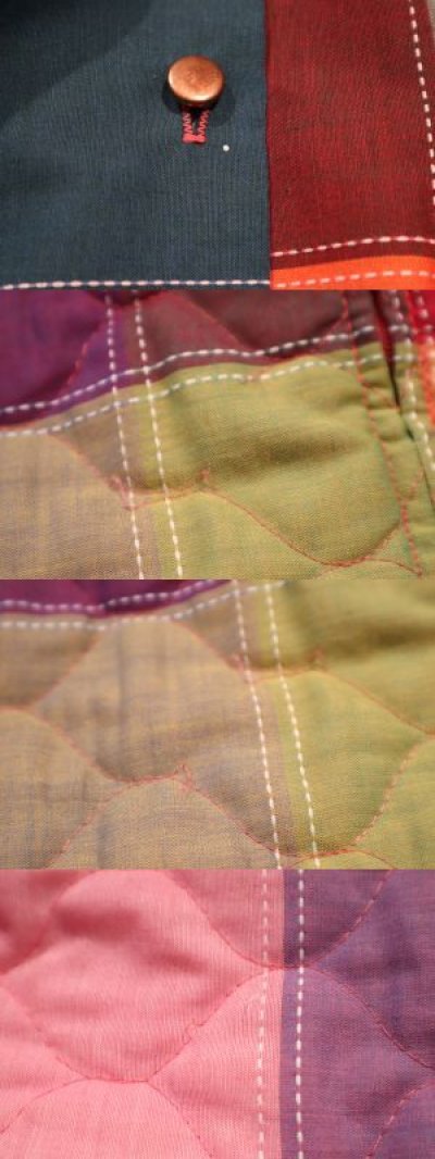 画像1: 70年代カラフルブロックチェックキルティング切替ポケット付き長袖シャツ型ロングドレス