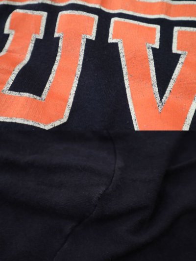 画像1: 80年代”Champion”ネイビー×オレンジ英字ロゴプリントクルーネック七分袖フットボールTシャツ
