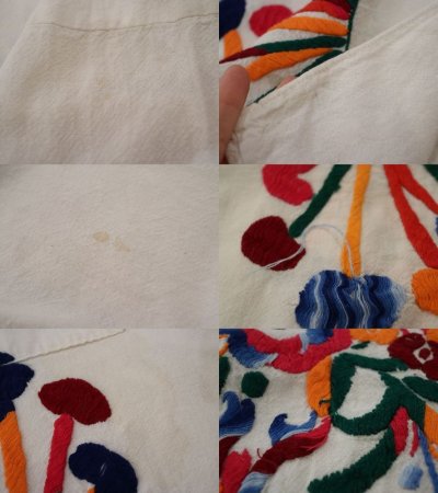 画像1: ホワイト×カラフルキノコ＆お花＆鳥刺繍ポケット付き五分袖プルオーバートップ