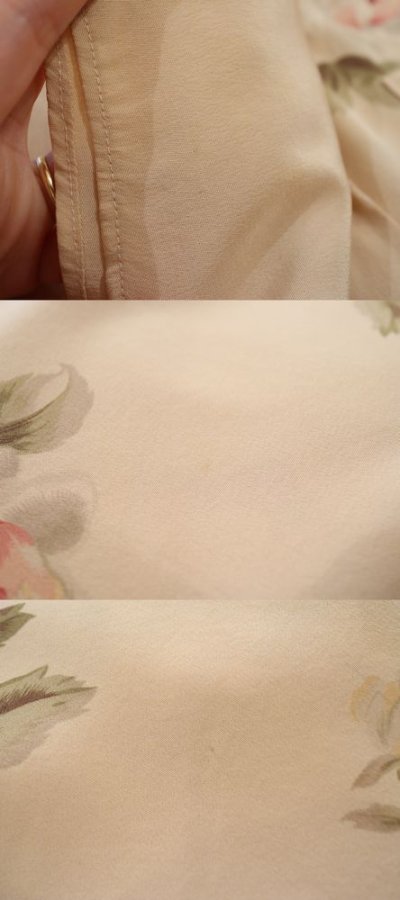 画像1: "Ralph Lauren"アイボリー×ピンク花柄開襟フレンチスリーブ半袖シルクシャツ