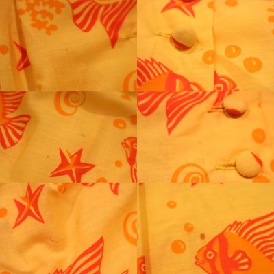画像1: 70年代イエロー×オレンジ魚＆貝柄フロントボタンロングスカート