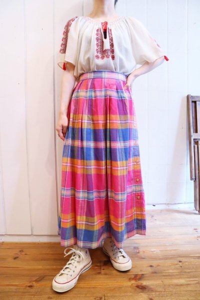 画像1: ピンク×ブルー×イエローチェックサイドボタンポケット付きスカート (1)