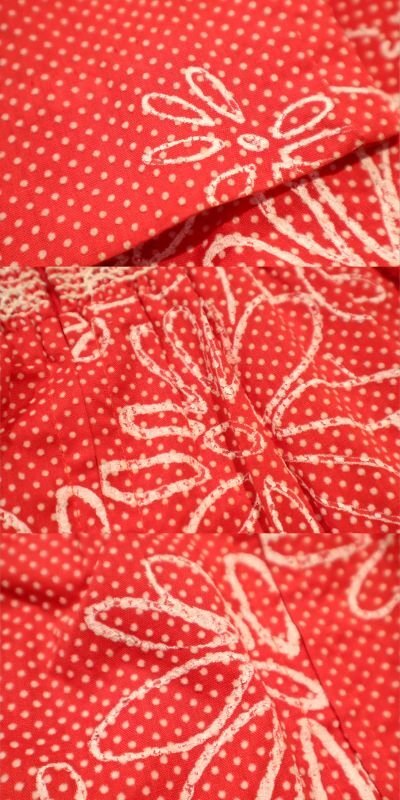 画像2: 60〜70年代レッド×ホワイトドット＆花柄シャーリングデザインスクエアネック五分袖ドレス