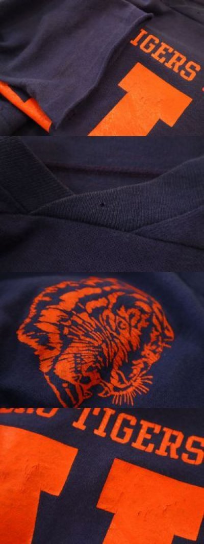 画像1: 70年代”ARTEX”ネイビー×朱色ラバープリントVネック七分袖フットボールTシャツ
