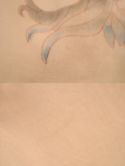 画像2: 70年代オフホワイト×オレンジ花＆鳥柄スリットネック長袖ドレス