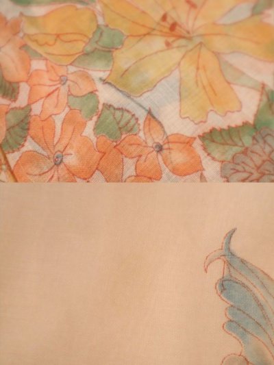 画像1: 70年代オフホワイト×オレンジ花＆鳥柄スリットネック長袖ドレス