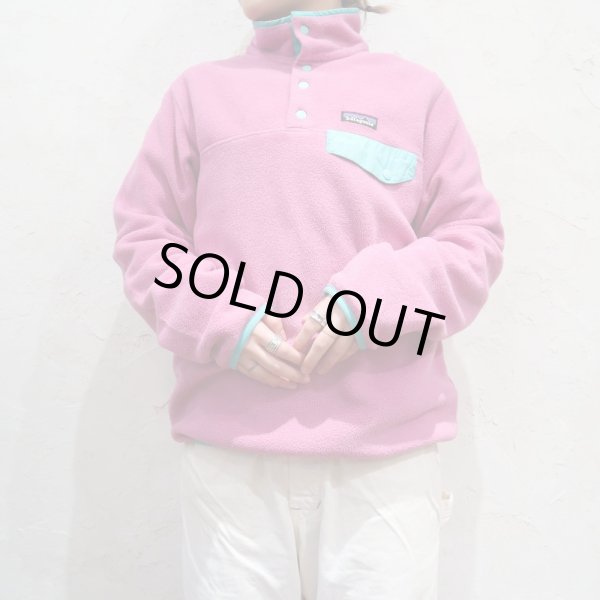 画像1: ”Patagonia”ピンク×ミントグリーン胸ポケット付きハイネック長袖スナップTシャツ (1)