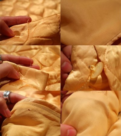 画像1: 50〜60年代イエローゴールドリボン柄ポケット付き丸襟五分袖キルティングガウン