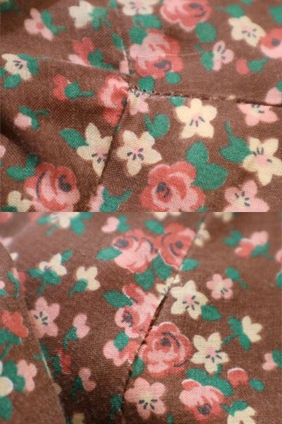 画像1: 60〜70年代ブラウン×ホワイト×ピンク花柄レースクルーネックロングカフス花袖ロングドレス