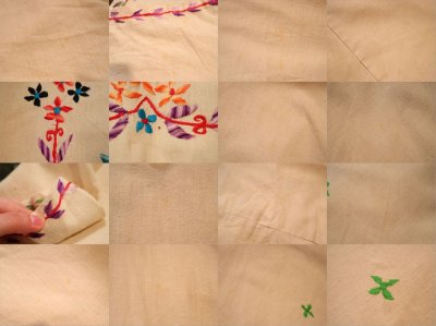 画像1: 70年代生成り×カラフル花刺繍フード付きフレアスリーブ長袖メキシカンロングドレス