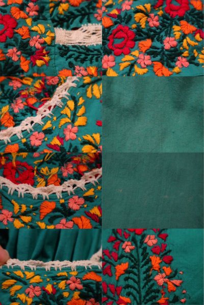 画像1: 60〜70年代ターコイズグリーン×カラフルサンアントニーノ刺繡半袖メキシカンドレス