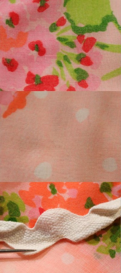 画像1: 70年代 ベイビーピンク×グリーン×レッド花柄裾なみなみテープ付きエスカルゴロングスカート