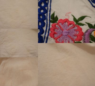 画像3: オフホワイト×ブルー×ピンク花＆鳥刺繍スタンドカラー長袖シャツ