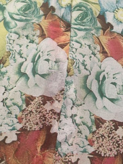 画像1: 70年代 ライトグリーン×グリーン×ブラウン花柄シアースカート