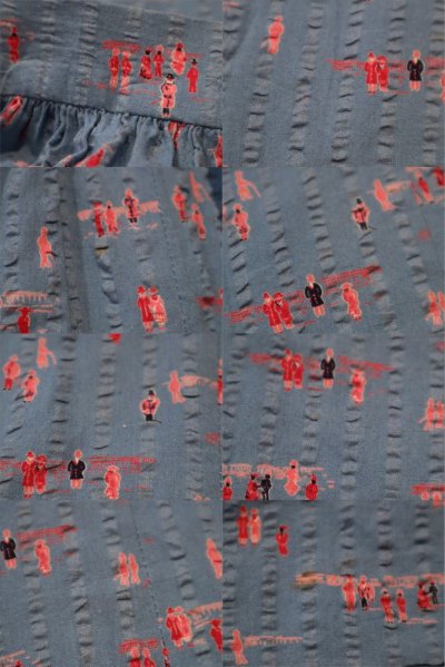 画像1: 60年代ブルー×ピンク人＆風景柄裾フリルロングスカート