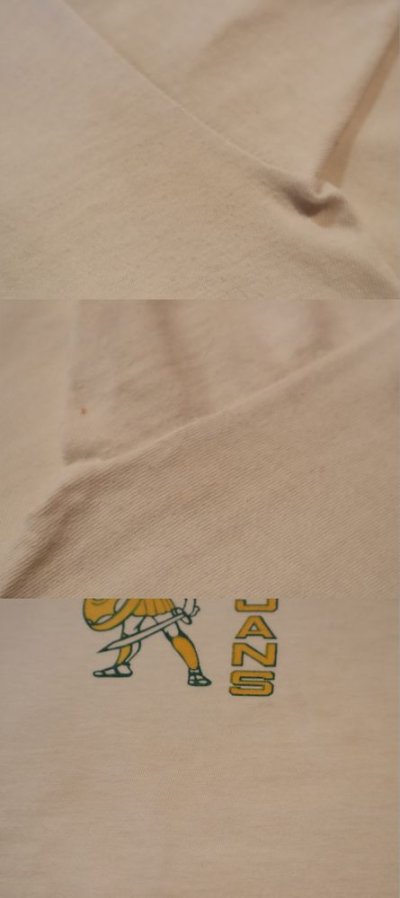 画像1: 73〜82年代"Champion"ホワイト×グリーン×イエロー騎士プリントクルーネック半袖リンガーTシャツ