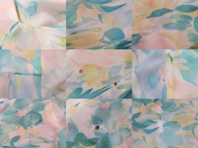 画像1: 70年代 ホワイト×ブルーグリーン×ベイビーピンク花柄ウエストリボン付きフレアスリーブ半袖ドレス