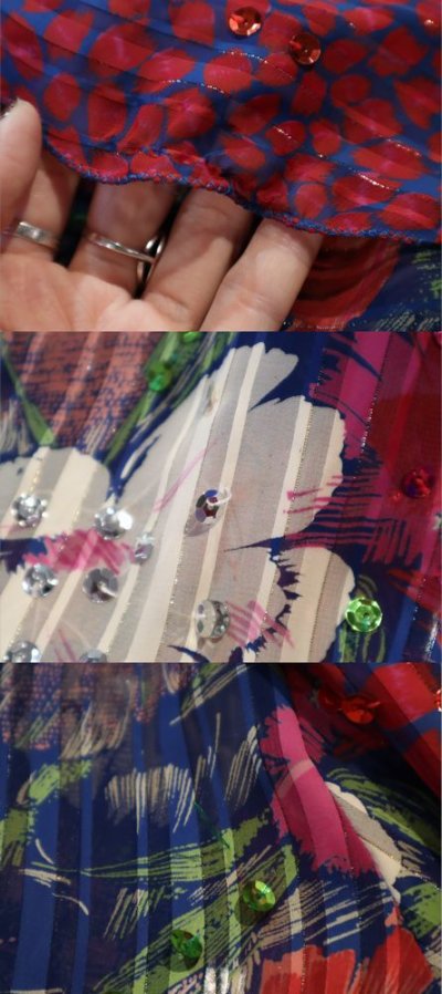 画像2: "Diane Freis"ブルー×ピンクレッド×ホワイト花柄フリルデザインスパンコール花飾り付きパフスリーブ長袖ティアードドレス