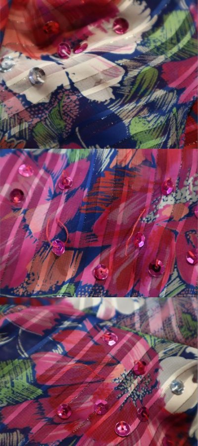 画像1: "Diane Freis"ブルー×ピンクレッド×ホワイト花柄フリルデザインスパンコール花飾り付きパフスリーブ長袖ティアードドレス