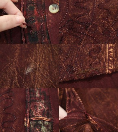 画像3: ブラウン×ダークグリーン刺繍ラウンドネックフロントボタン長袖ドレス