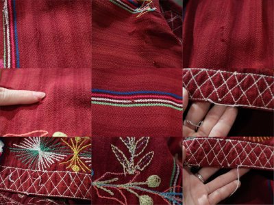 画像2: ダークレッド×カラフルストライプ花刺繍ラウンドネック長袖スリット入りドレス