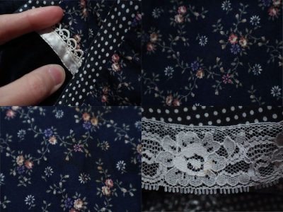 画像1: 70年代”GUNNE SAX”ネイビー×ピンク×ホワイトドット＆花柄ポケット付きレースアップフレアスカート