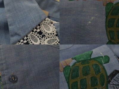 画像2: ライトブルー×グリーン×ホワイト亀ハンドペイント花柄レース＆胸ポケット付き長袖シャンブレーシャツ