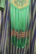 画像12: 70年代グリーン×ブルー×レッド刺繍ストライプリボンフリンジ＆ポケット付き半袖ロングドレス  (12)