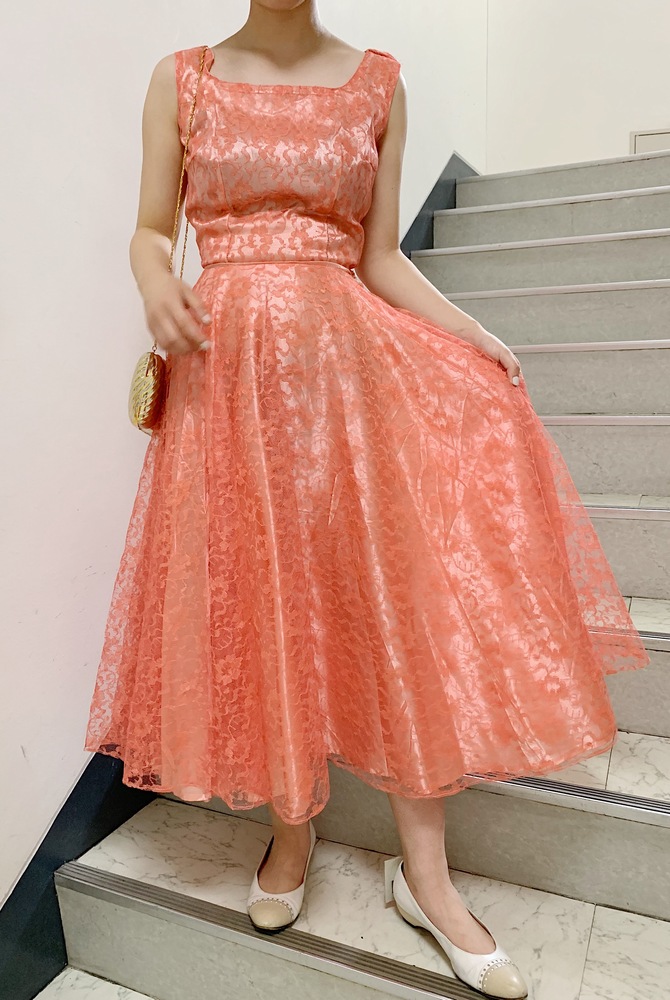 50 60年代朱色総レーススクエアネックサーキュラースカートノースリーブドレス ｆｉｚｚ Select Lady S Vintage Clothing